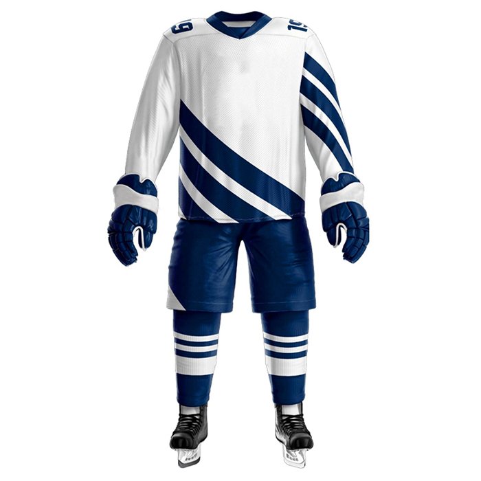 White and Dark Blue Ice Hockey Uniform