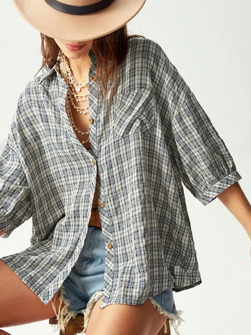 Woven Plaid Short Sleeve Loose Fit Blouse For Women