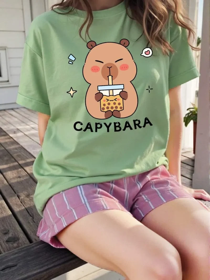 Cartoon Capybara Drinking Bubble Tea Print Round Neck