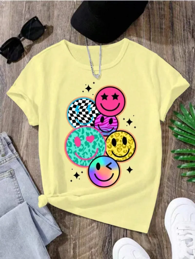 Cartoon Smiling Face Print Casual Round Neck Short Sleeve
