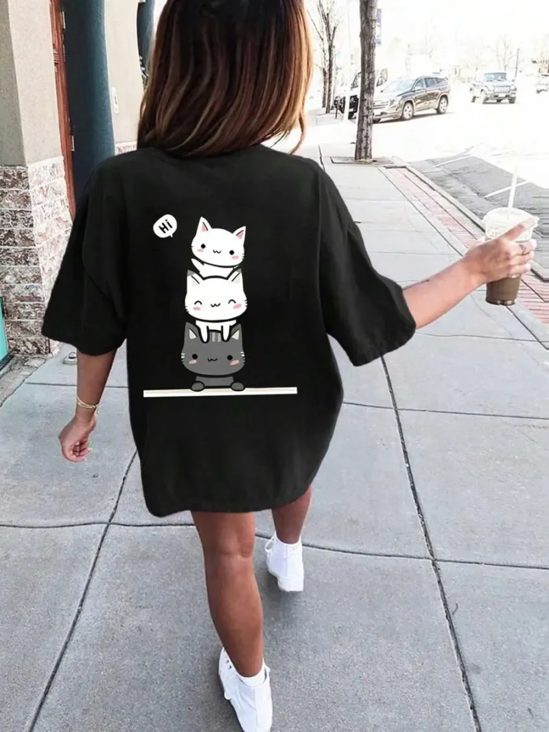 Casual Cat Print Crew Neck Short Sleeve T Shirt Top