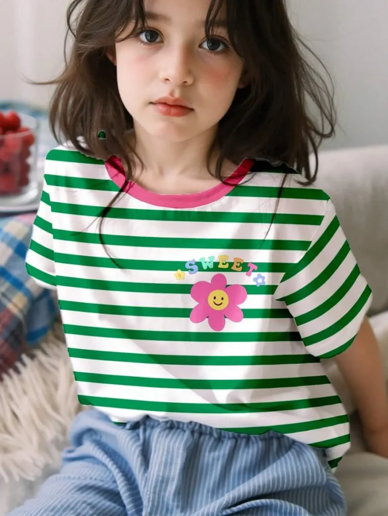 Casual Cute Cartoon Face & Floral Striped Short Sleeve Crew Neck T Shirt
