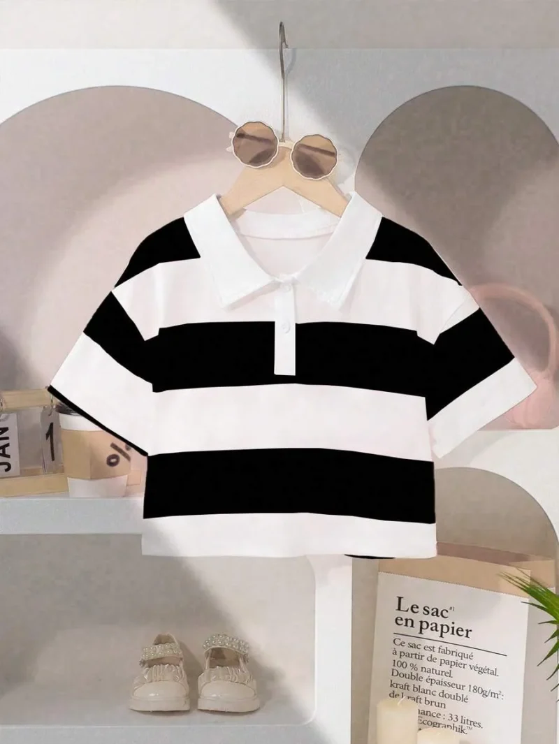 Casual Wide Stripe Short Polo Collar T Shirt