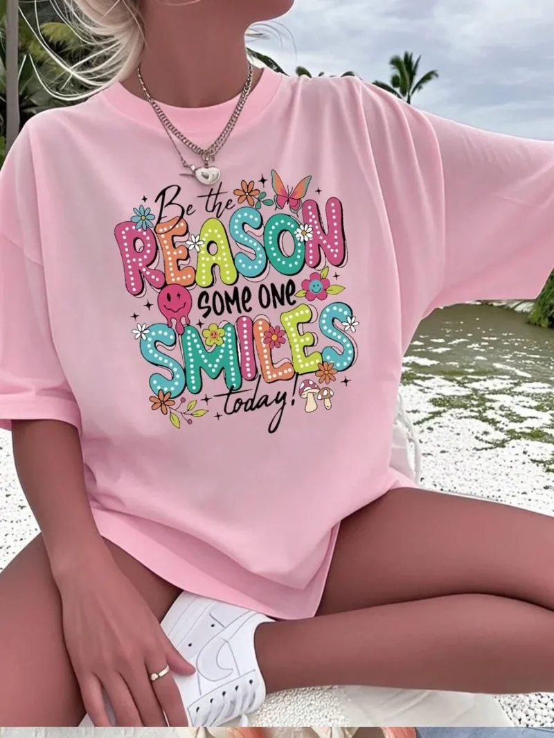 Girls & Teenager Students Casual Pink Printed Crew Neck Short Sleeve T Shirt