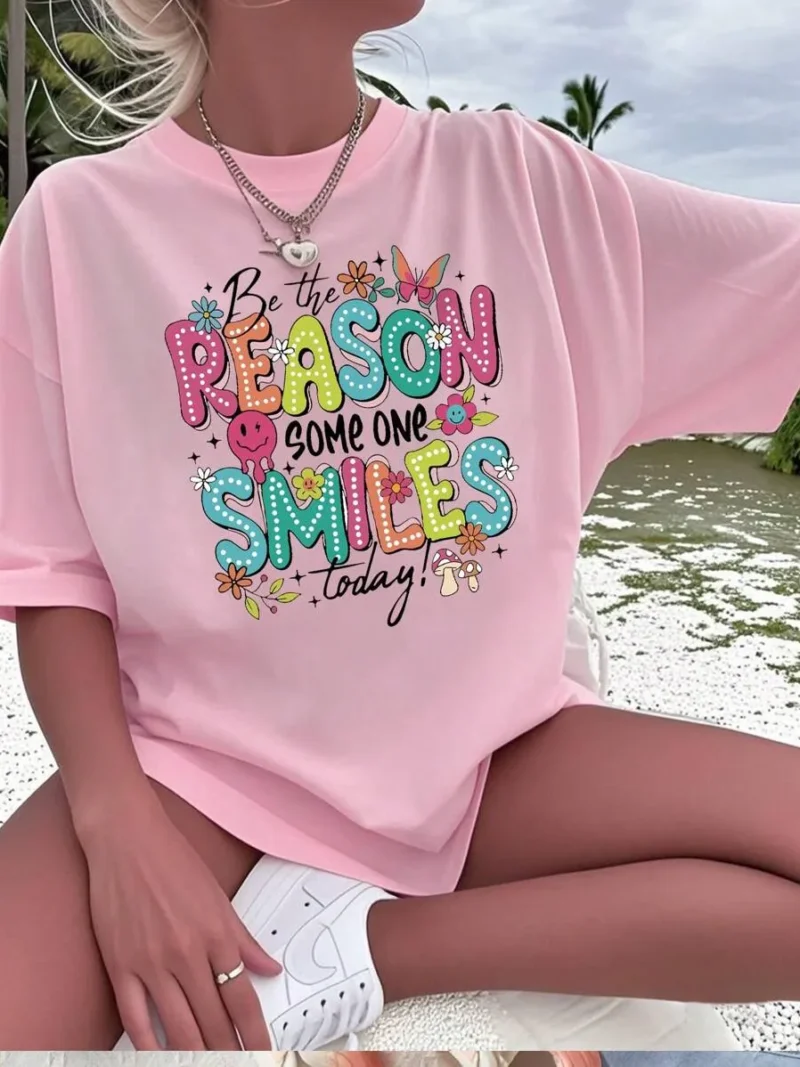 Girls & Teenager Students Casual Pink Printed Crew Neck Short Sleeve T Shirt