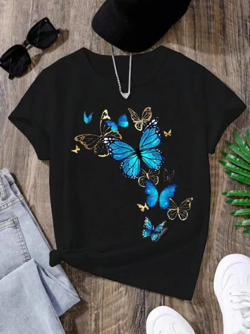 Round Neck Short Sleeve Butterfly Print Simple T Shirt