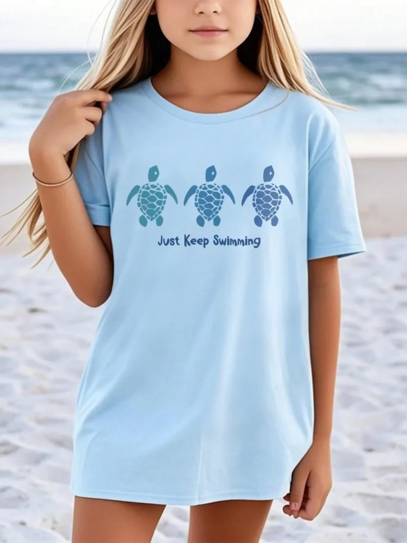 Turtle Graphic Print Round Neck Short Sleeve T Shirt