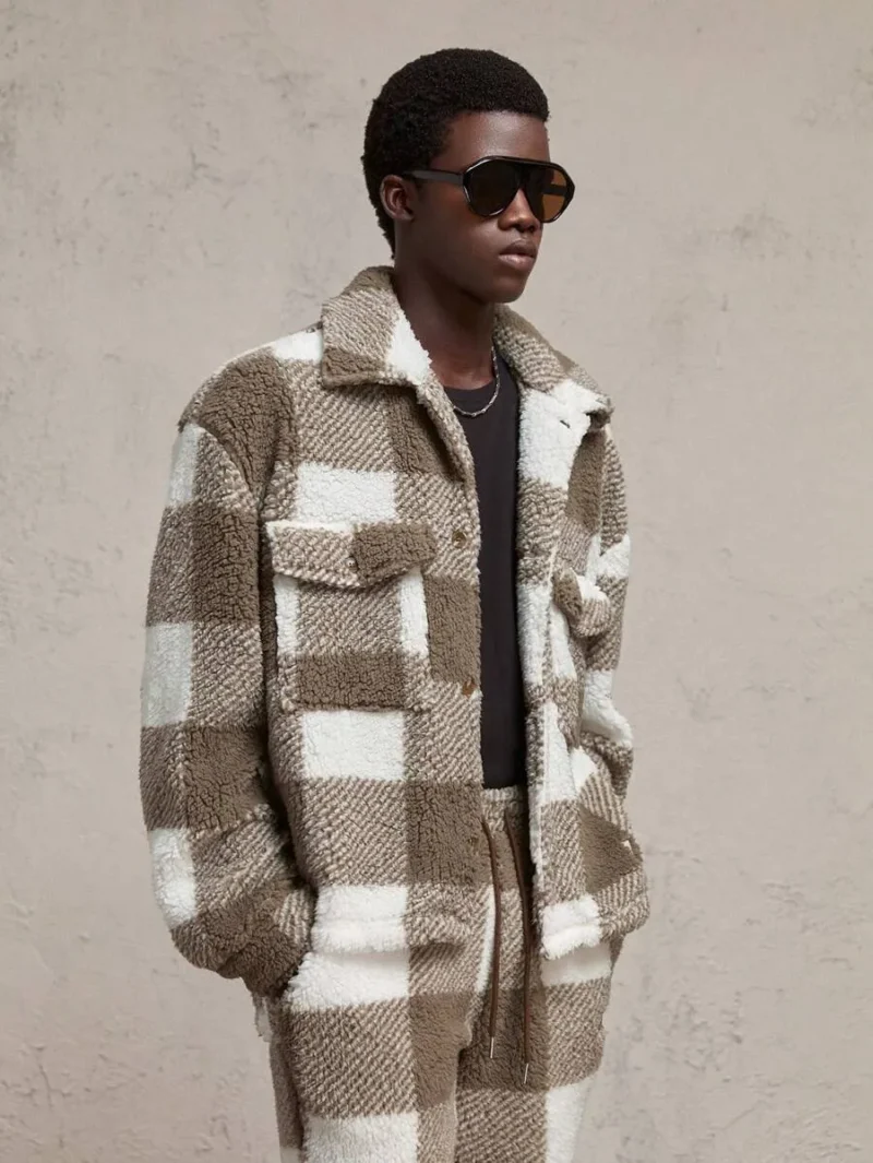 Knitted Fuzzy Plaid Loose Drop Shoulder Turndown Collar