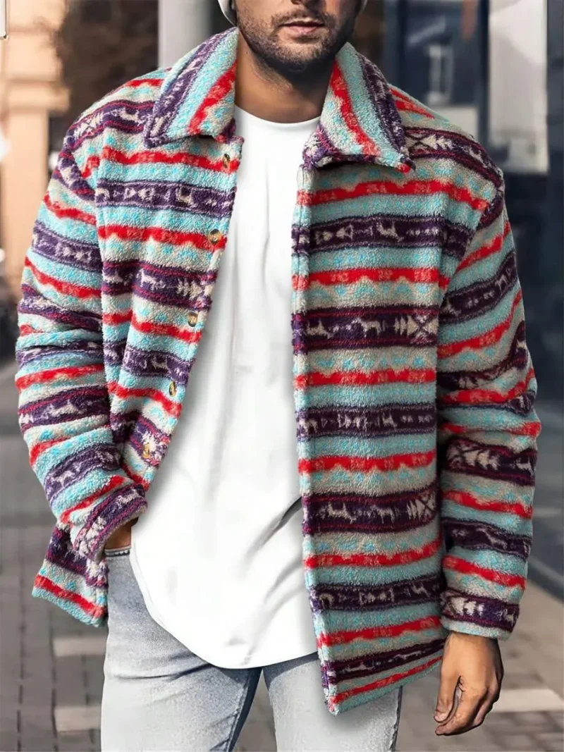 Loose Fit Mens Striped Plush Button Front Jacket