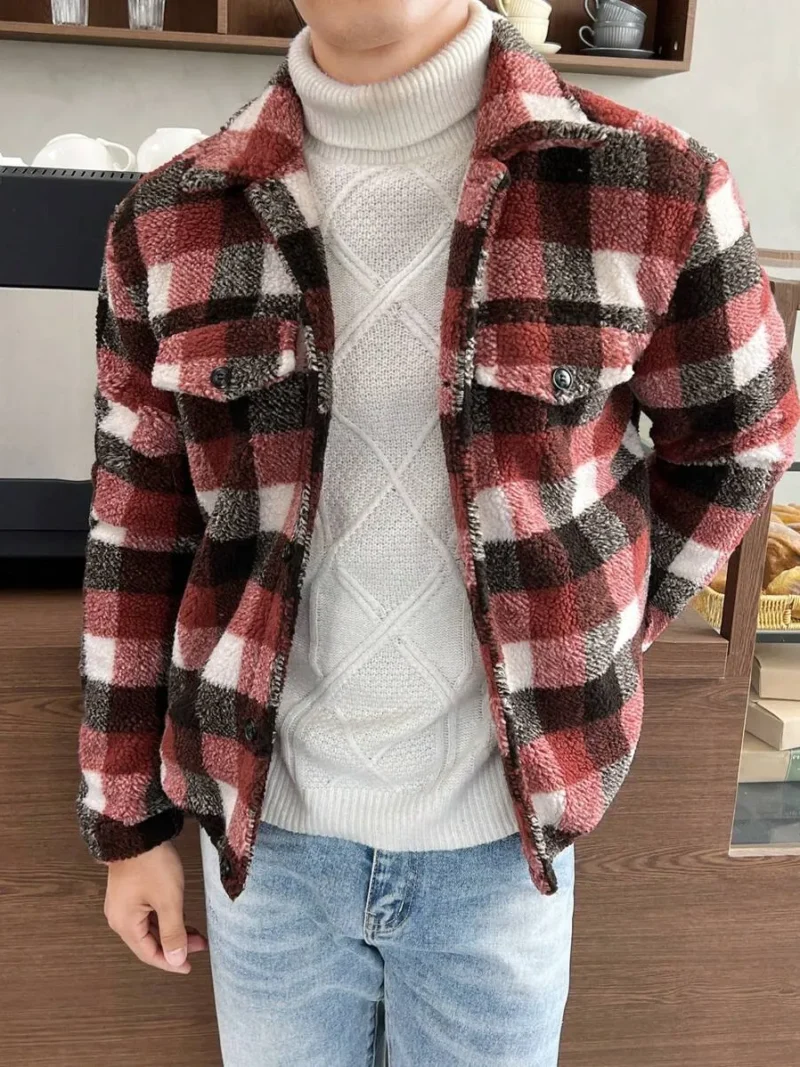 Loose Fit Plaid Print Flap Pocket Jacket