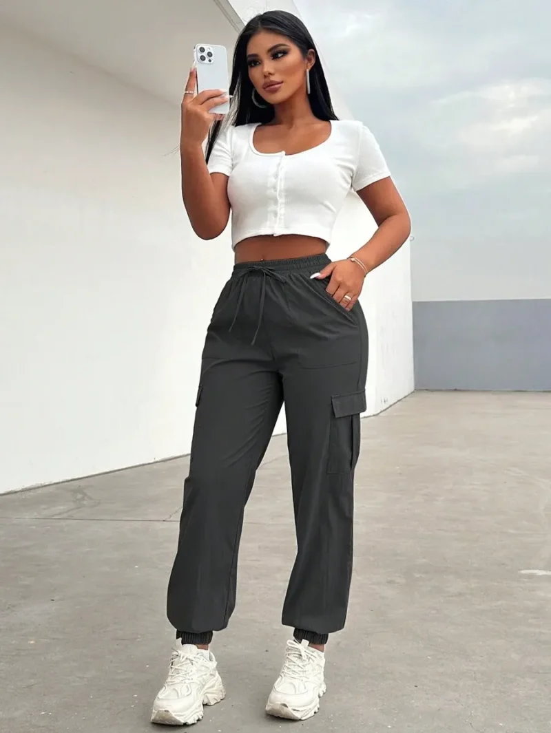 Solid Color Drawstring Elastic Waist Pants With Pockets
