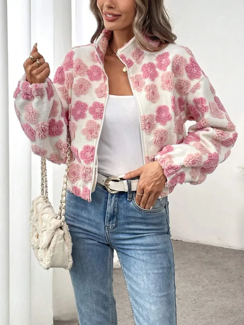 Elegant Casual Commuting Floral Sherpa Zip Front Stand Collar Pocket