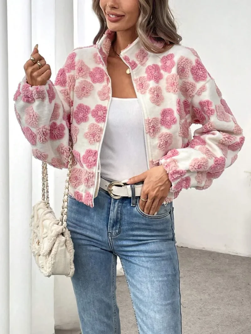Elegant Casual Commuting Floral Sherpa Zip Front Stand Collar Pocket