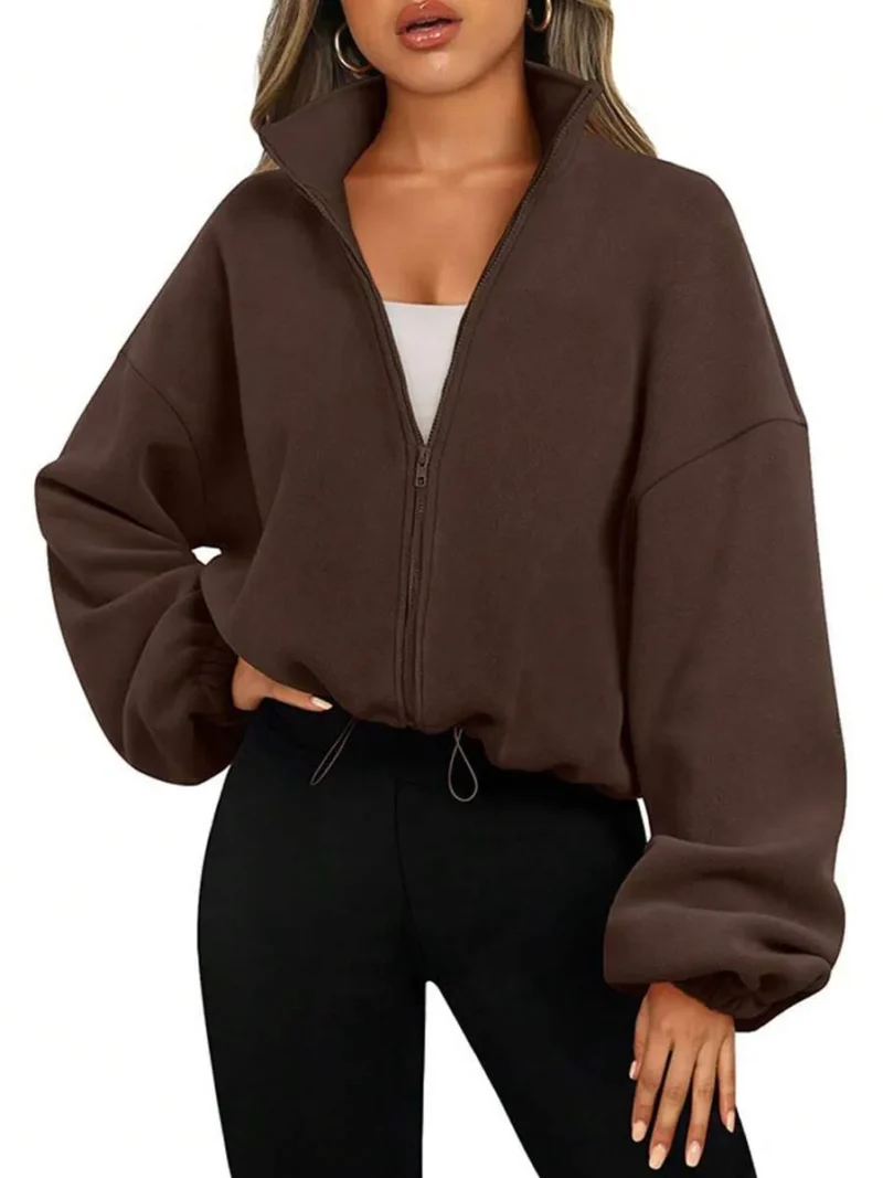 Fleece Crop Jacket With Zipper And Drawstring