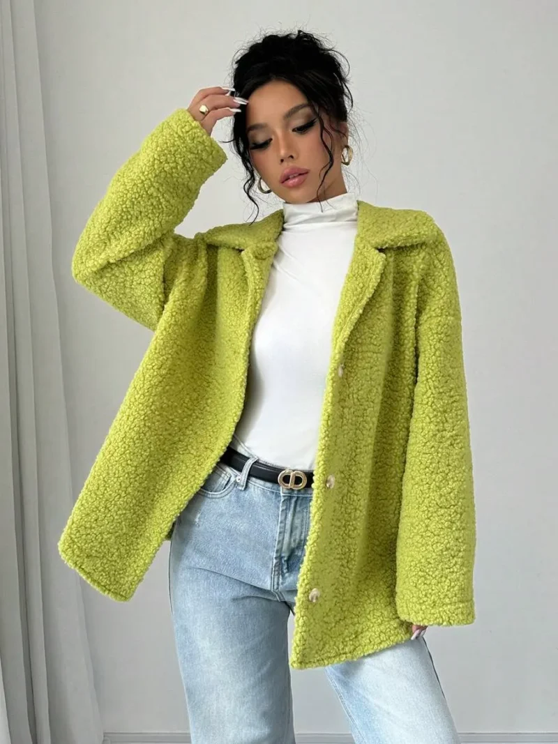 Solid Color Front Button Long Sleeve Casual Sherpa Collar Jacket