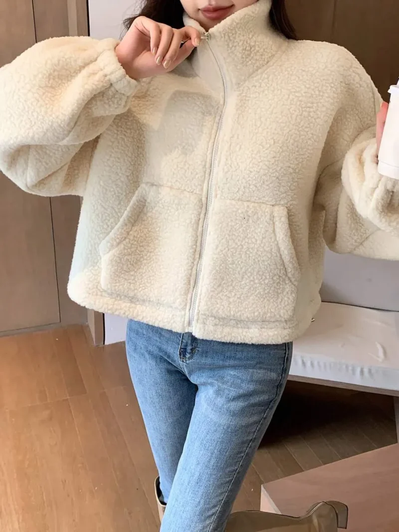 Solid Color High Neck Plus Fleece Thick Jacket