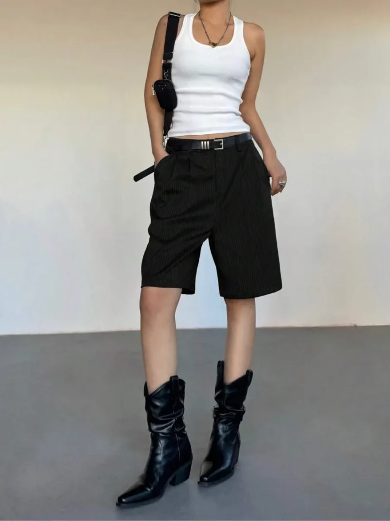 Black Pinstripe Bermuda Shorts