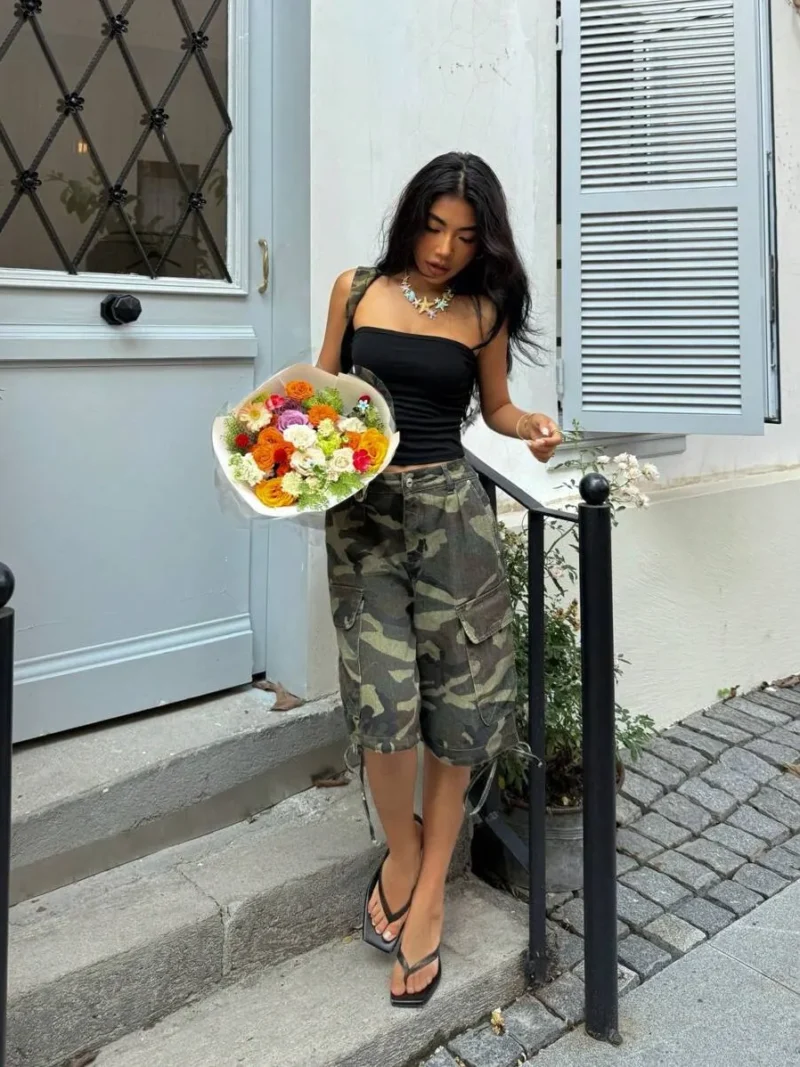 Camouflage Print Casual Loose Fit Pocket Denim Shorts