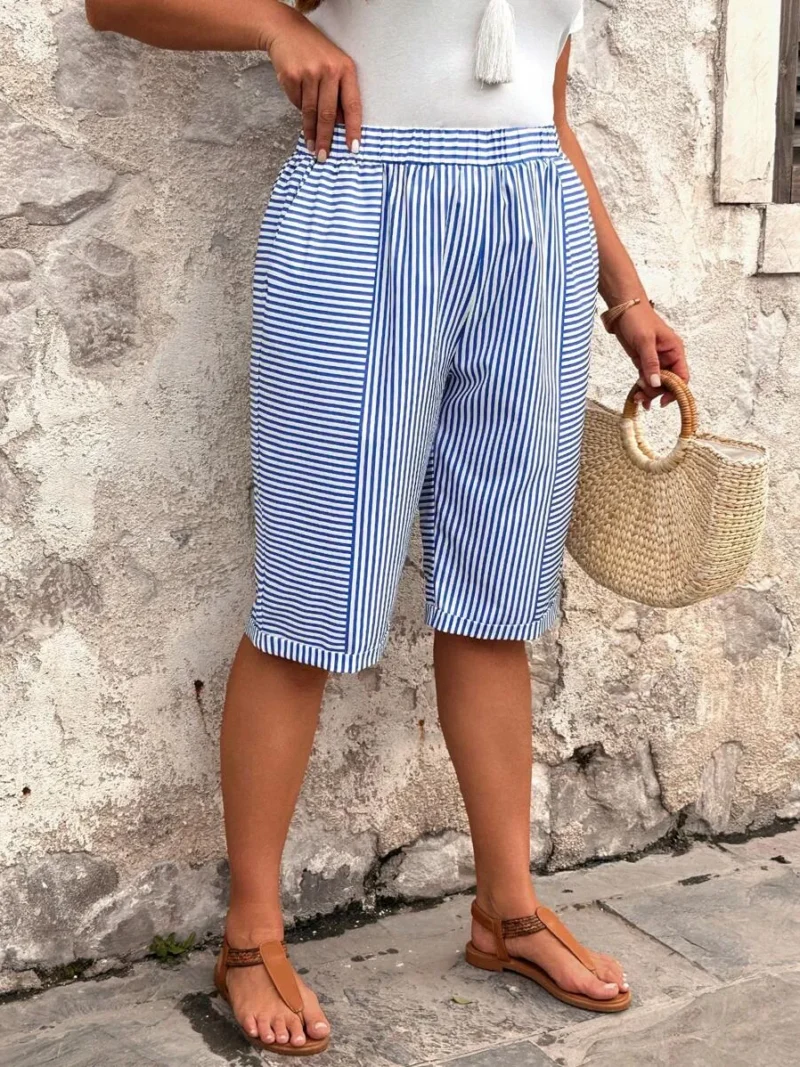 Plus Size Woven Fabric Striped Patchwork Loose Casual