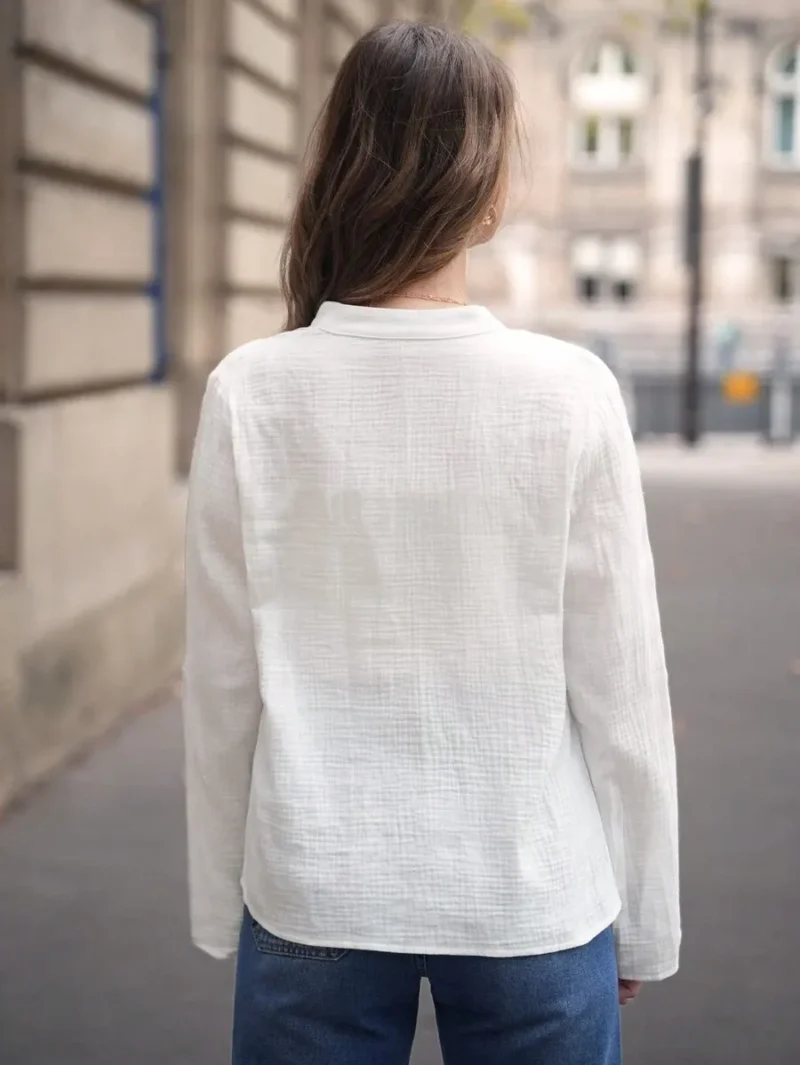 Frenchy Solid Notched Neck Roll Up Sleeve Blouse