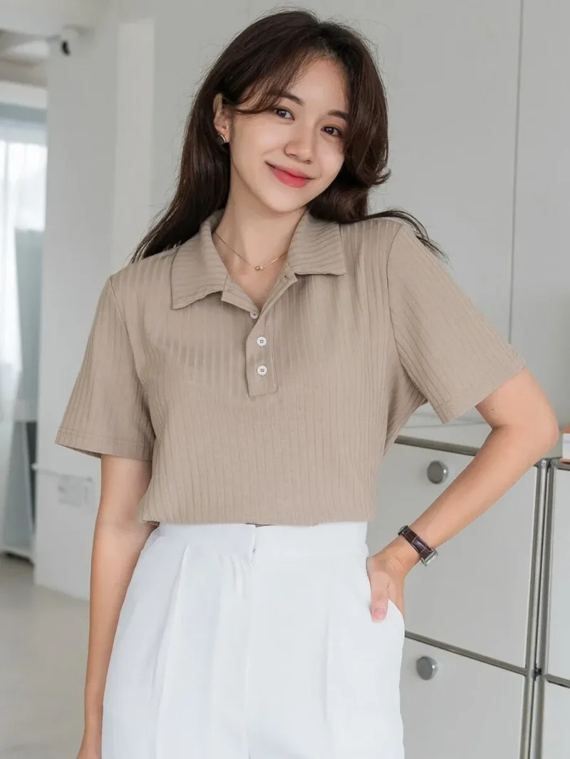 Half Button Placket Tee Business Casual Women