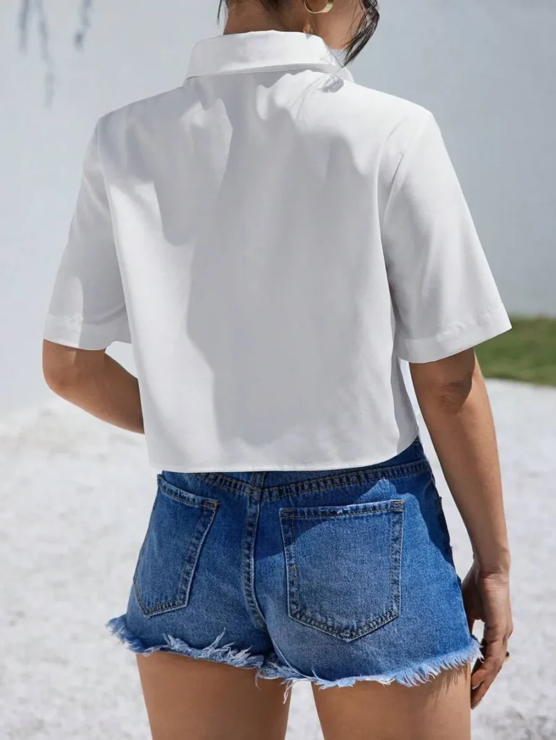 White Pleated Woven Casual Cropped Shirt