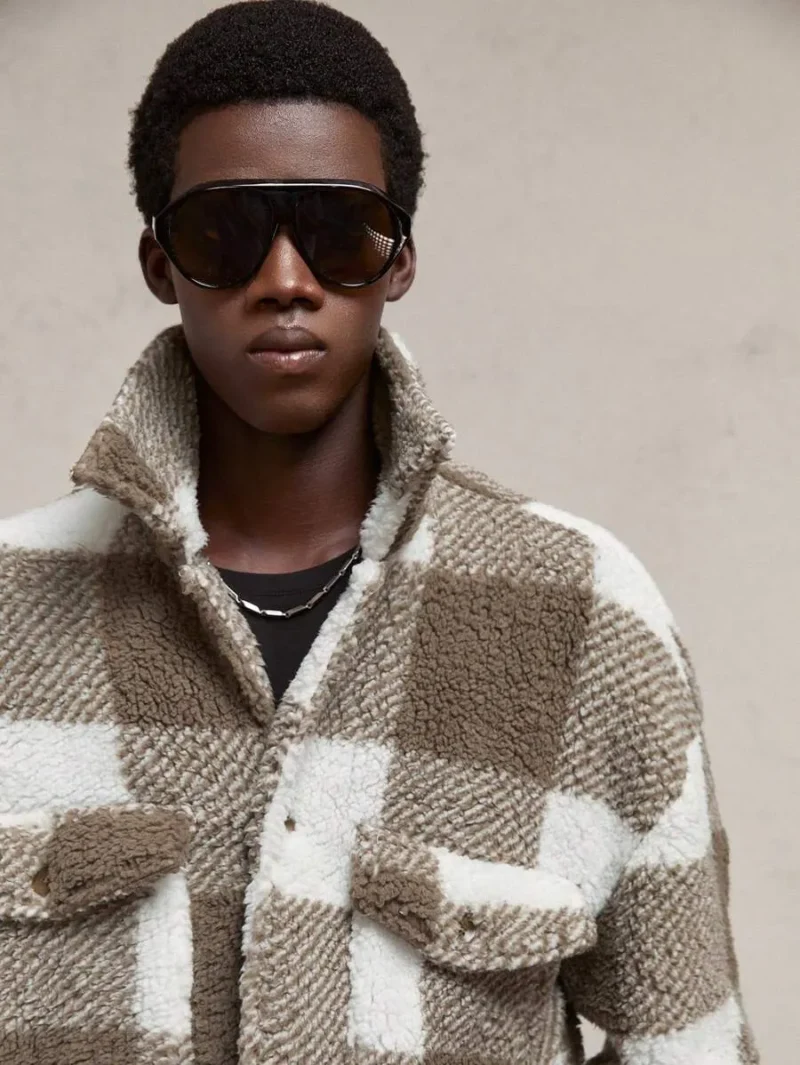 Knitted Fuzzy Plaid Loose Drop Shoulder Turndown Collar