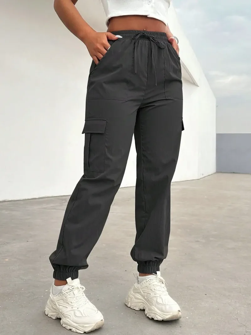 Solid Color Drawstring Elastic Waist Pants With Pockets