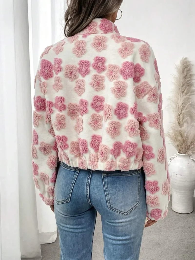 Elegant Casual Commuting Floral Sherpa Zip Front Stand Collar Pocket