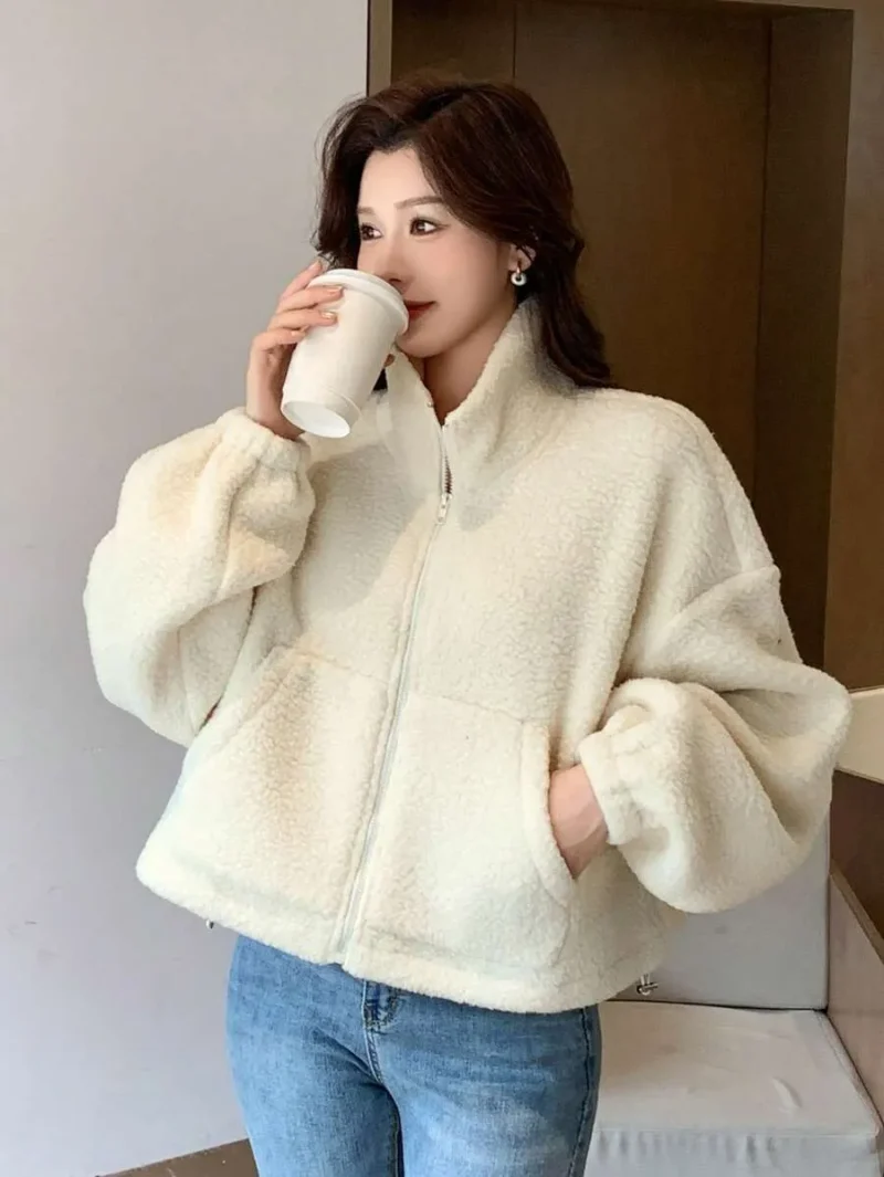 Solid Color High Neck Plus Fleece Thick Jacket