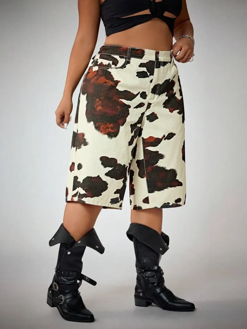Distressed Cow Print Denim Bermuda Shorts