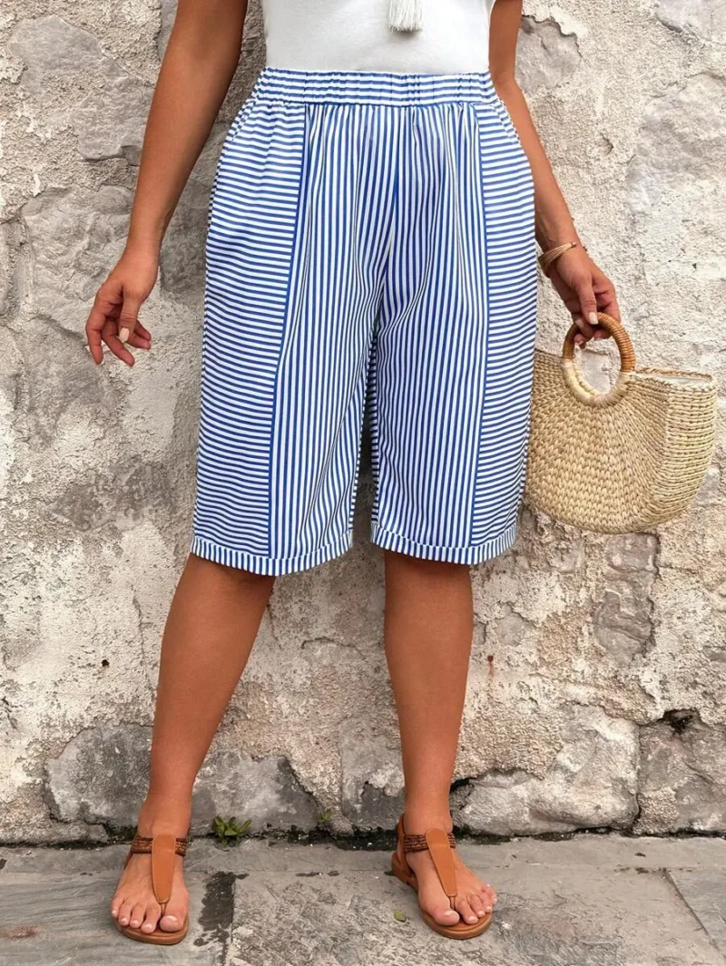 Plus Size Woven Fabric Striped Patchwork Loose Casual