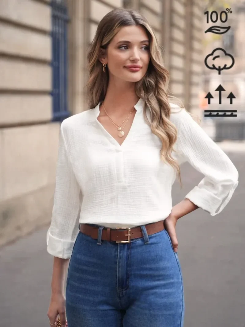Frenchy Solid Notched Neck Roll Up Sleeve Blouse