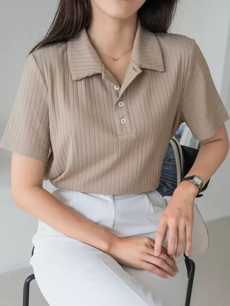 Half Button Placket Tee Business Casual Women