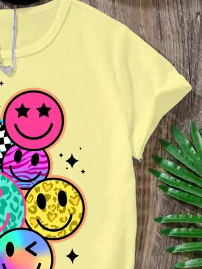 Cartoon Smiling Face Print Casual Round Neck Short Sleeve