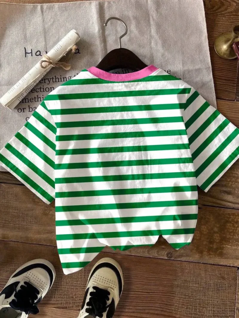 Casual Cute Cartoon Face & Floral Striped Short Sleeve Crew Neck T Shirt