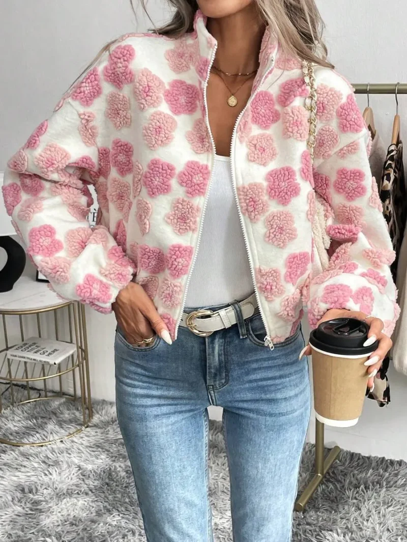 Elegant Casual Commuting Floral Sherpa Zip Front Stand Collar Pocket