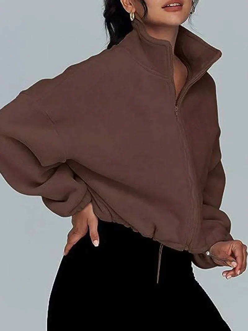 Fleece Crop Jacket With Zipper And Drawstring