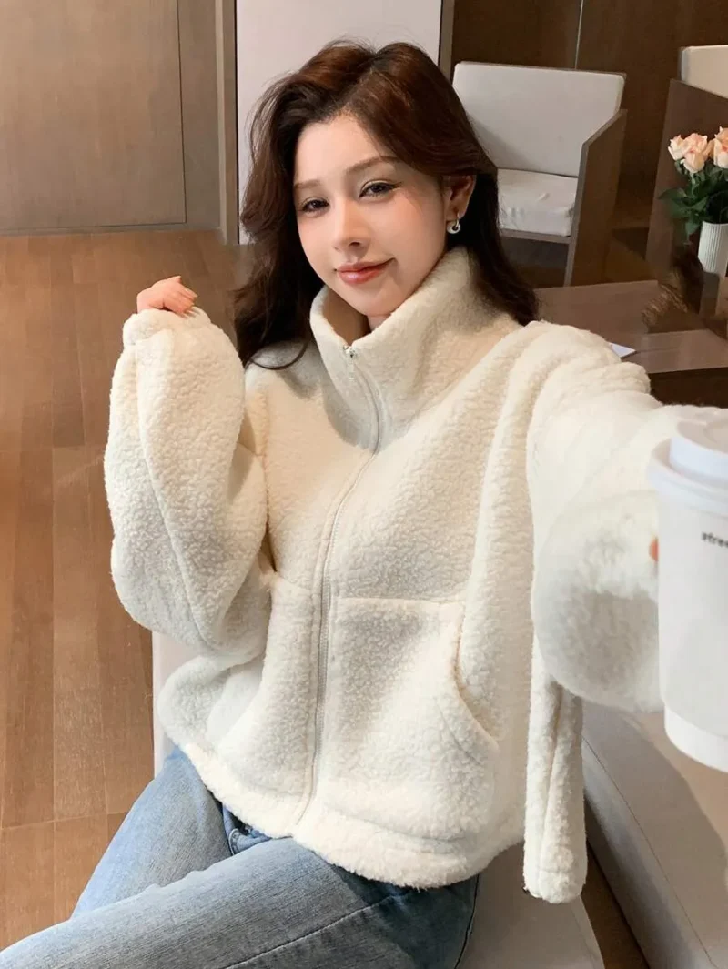 Solid Color High Neck Plus Fleece Thick Jacket