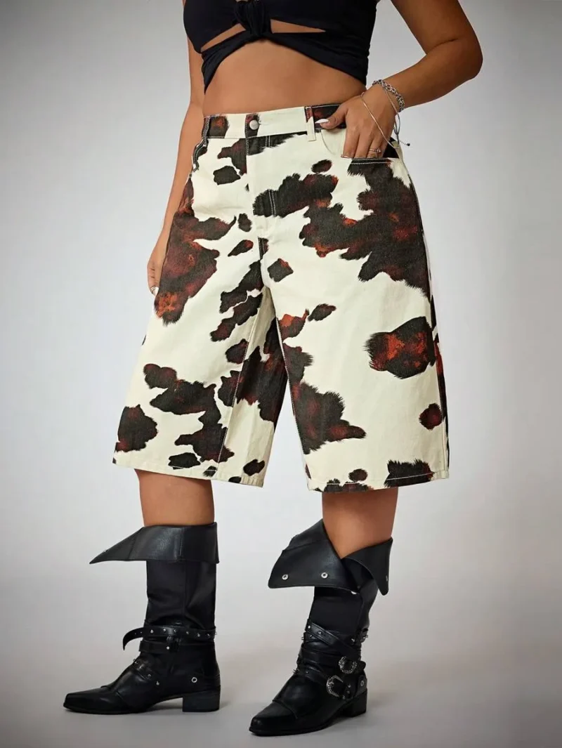 Distressed Cow Print Denim Bermuda Shorts