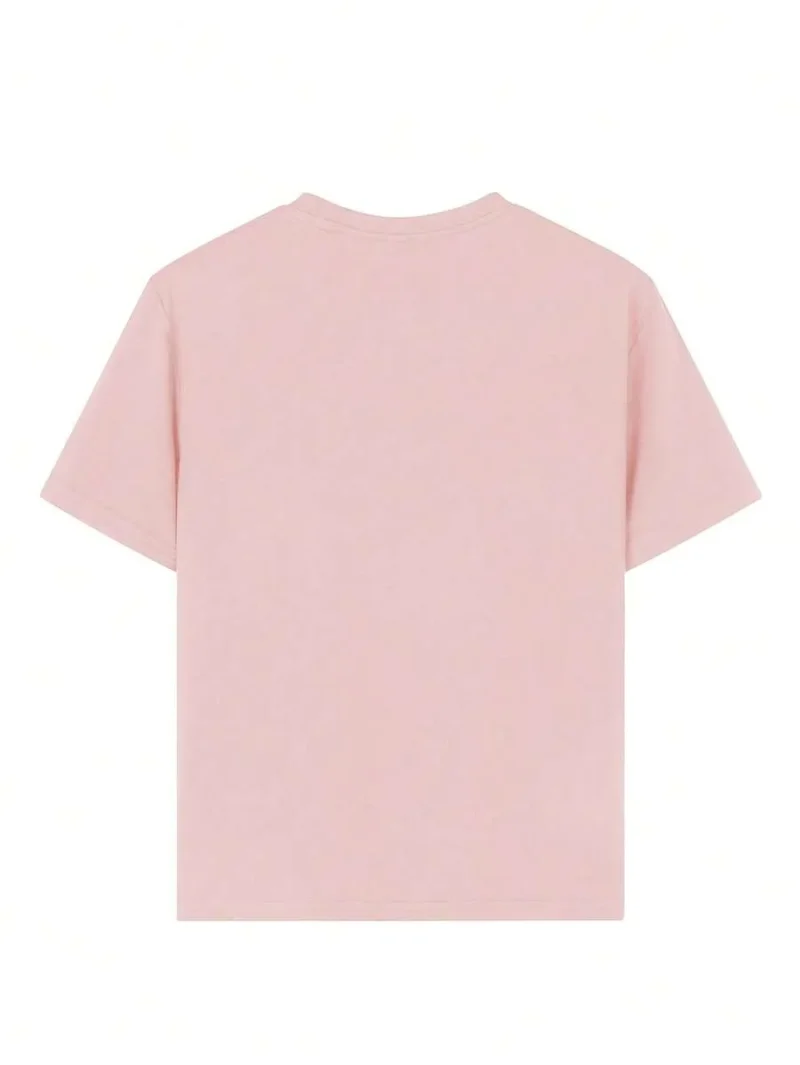 Girls & Teenager Students Casual Pink Printed Crew Neck Short Sleeve T Shirt