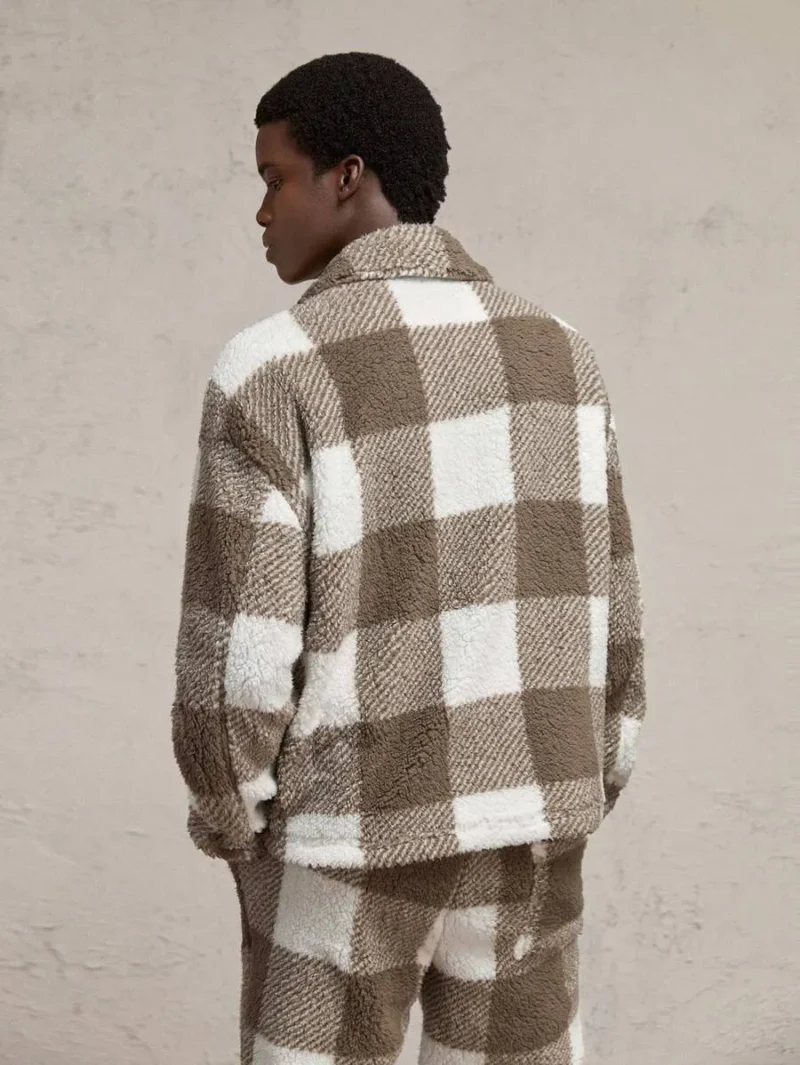 Knitted Fuzzy Plaid Loose Drop Shoulder Turndown Collar