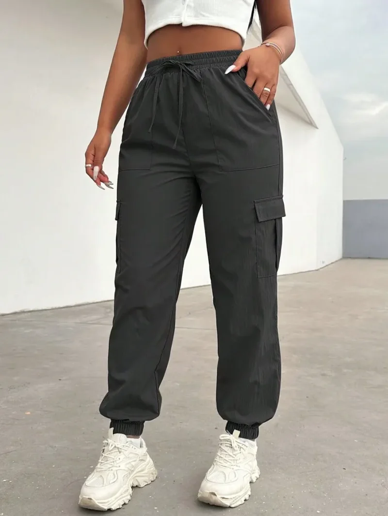 Solid Color Drawstring Elastic Waist Pants With Pockets