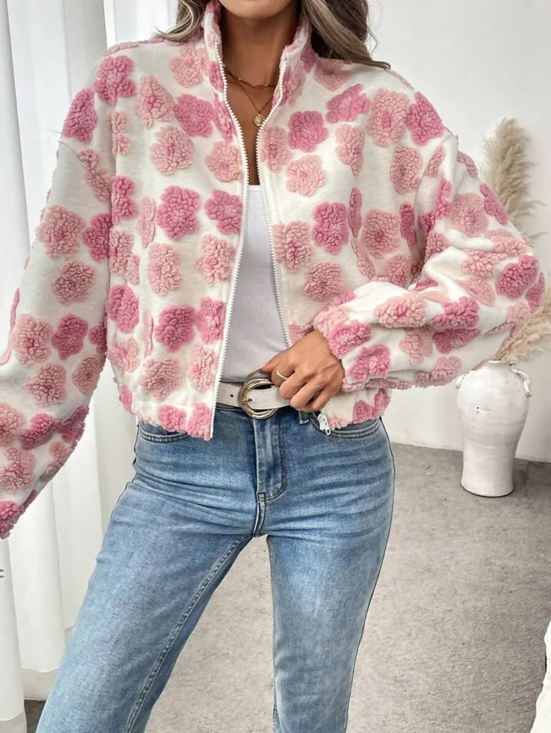 Elegant Casual Commuting Floral Sherpa Zip Front Stand Collar Pocket