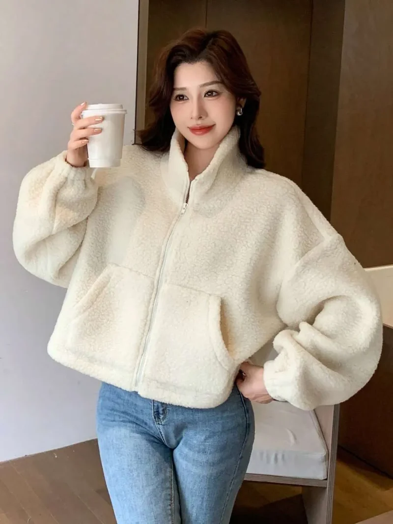Solid Color High Neck Plus Fleece Thick Jacket