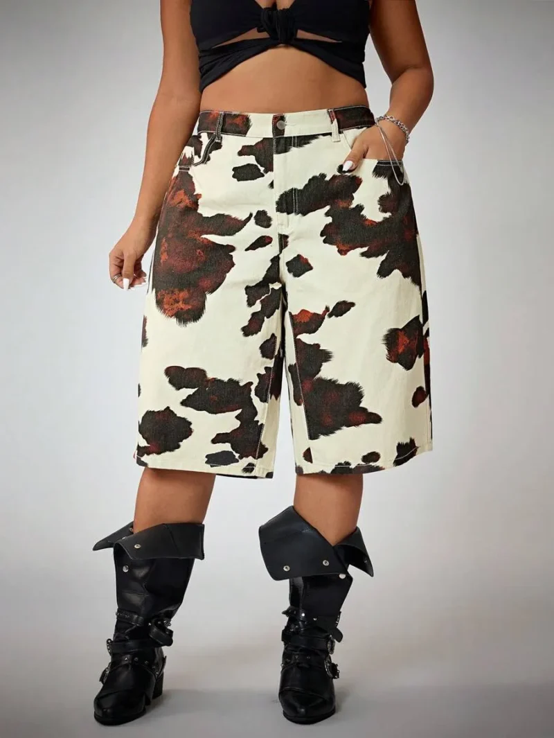 Distressed Cow Print Denim Bermuda Shorts