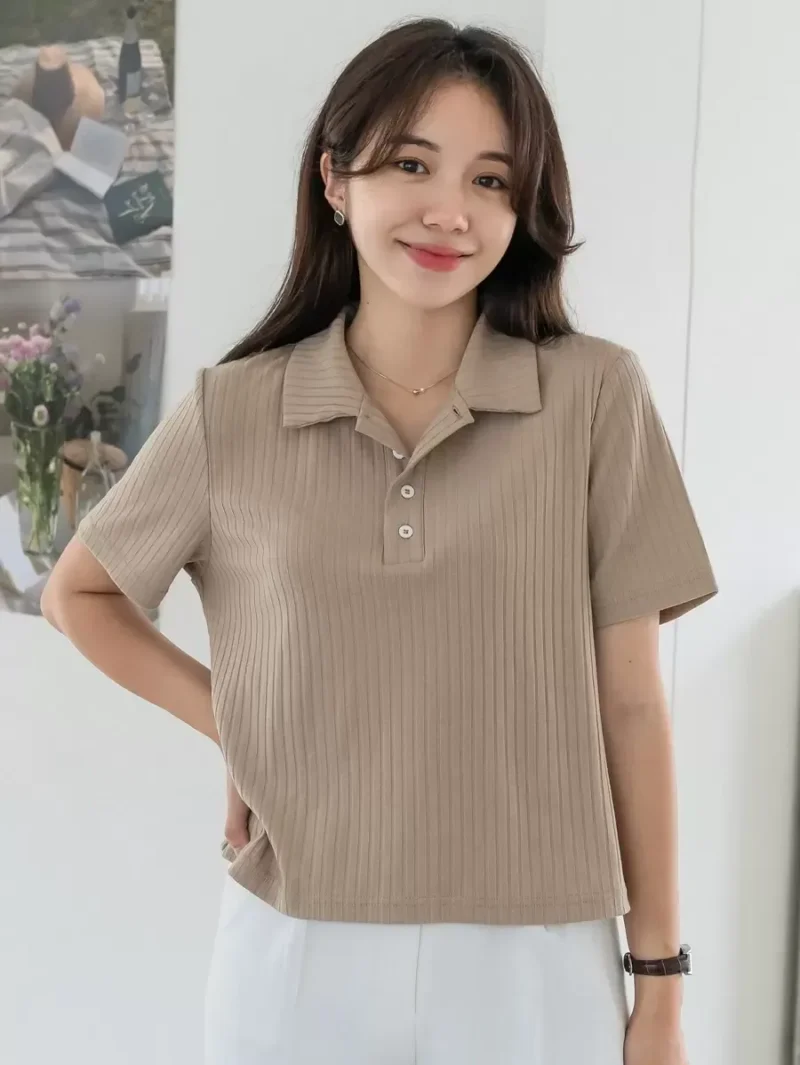 Half Button Placket Tee Business Casual Women