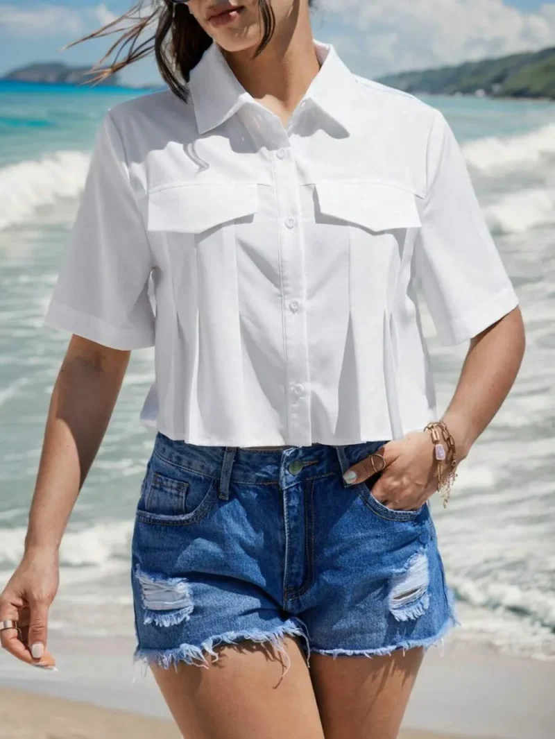 White Pleated Woven Casual Cropped Shirt