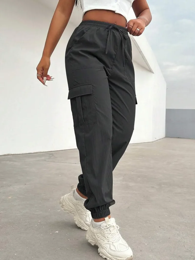Solid Color Drawstring Elastic Waist Pants With Pockets