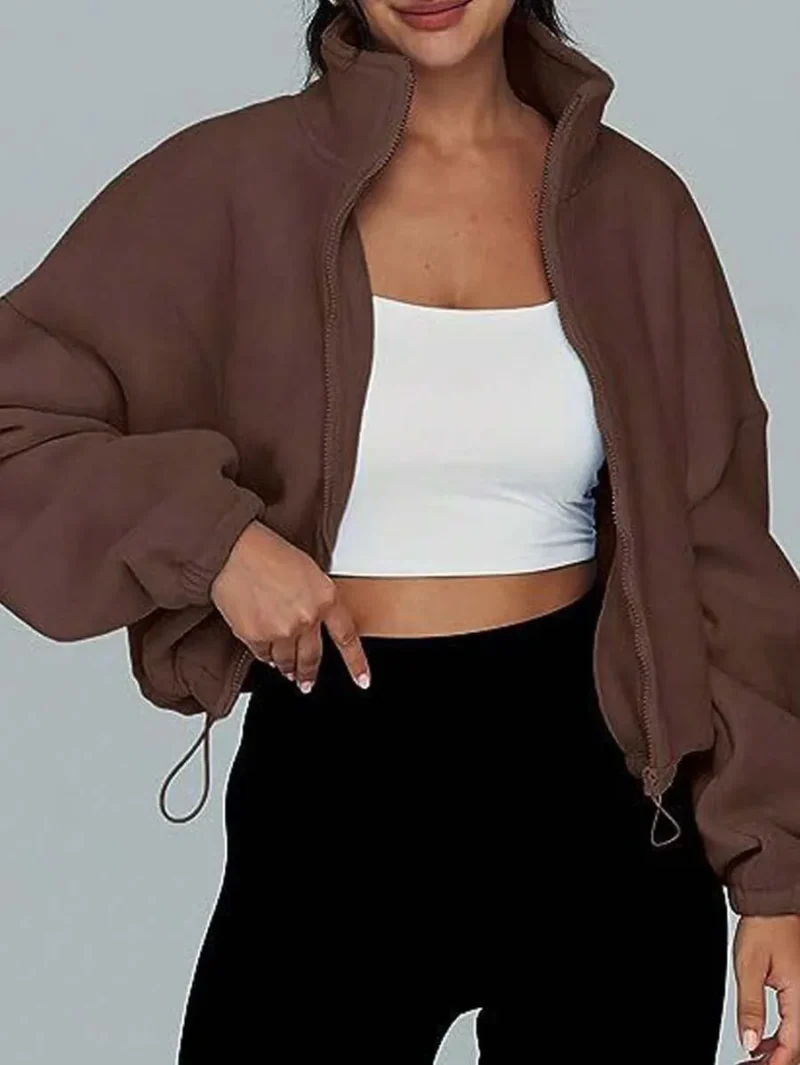 Fleece Crop Jacket With Zipper And Drawstring